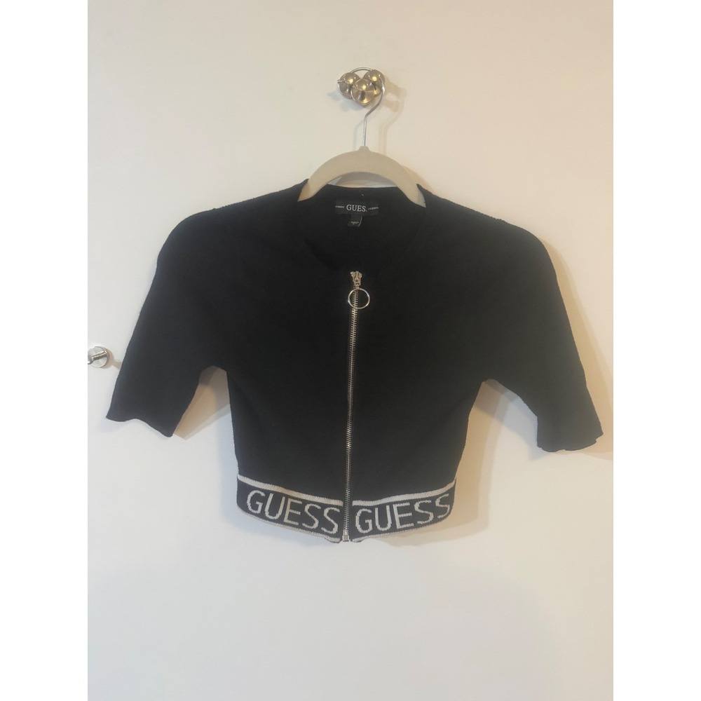 Guess Womens Black Logo Hem Cropped Zip Up Ribbed Short Sleeve Cardigan Small